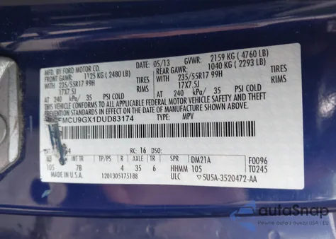 2013 Ford Escape Se z USA, uszkodzony, nr VIN 1FMCU9GX1DUD83174